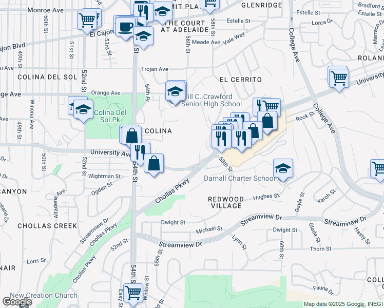 map of restaurants, bars, coffee shops, grocery stores, and more near 5602 University Avenue in San Diego