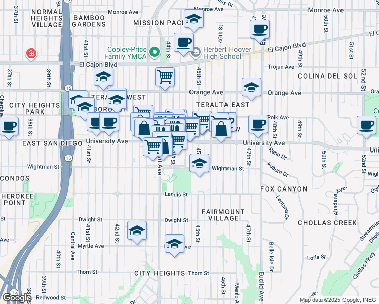 map of restaurants, bars, coffee shops, grocery stores, and more near 3863 Highland Avenue in San Diego