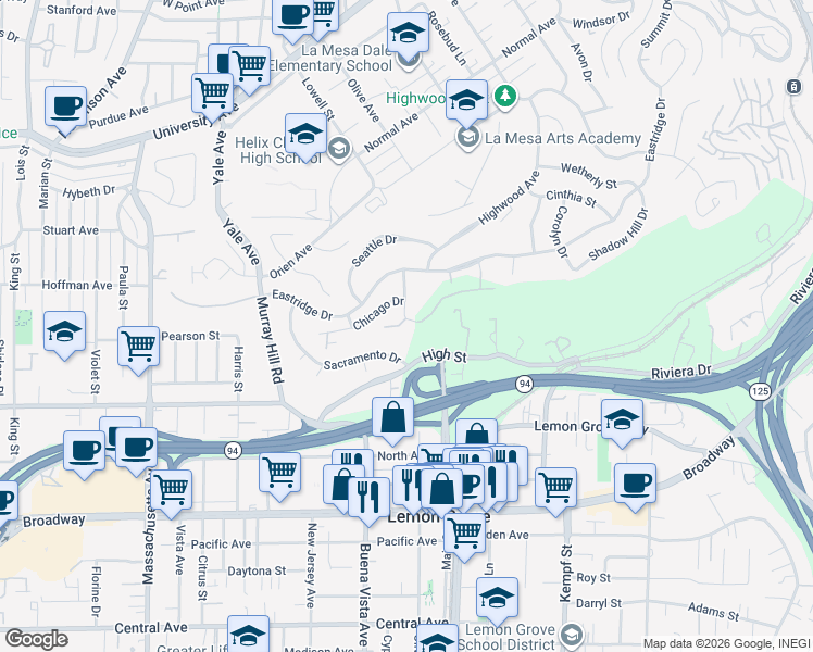 map of restaurants, bars, coffee shops, grocery stores, and more near 3910 Denver Drive in La Mesa