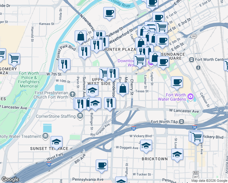 map of restaurants, bars, coffee shops, grocery stores, and more near 916 Henderson Street in Fort Worth