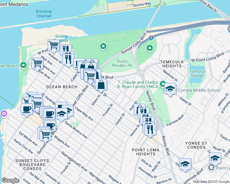 map of restaurants, bars, coffee shops, grocery stores, and more near 4665 Greene Street in San Diego