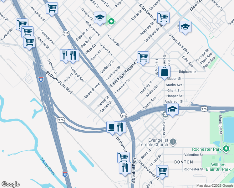 map of restaurants, bars, coffee shops, grocery stores, and more near 2202 Elsie Faye Heggins Street in Dallas