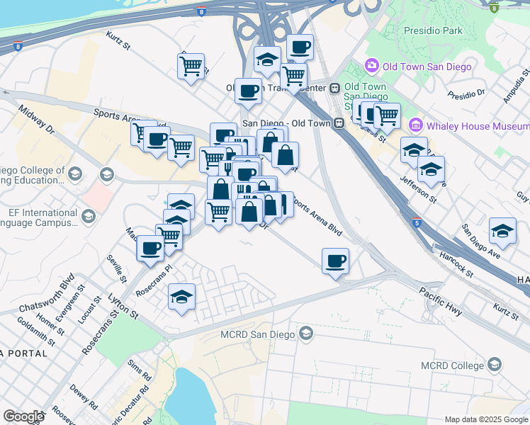 map of restaurants, bars, coffee shops, grocery stores, and more near 2804 Midway Drive in San Diego