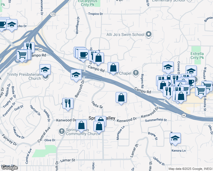 map of restaurants, bars, coffee shops, grocery stores, and more near 3859 Helix Street in Spring Valley