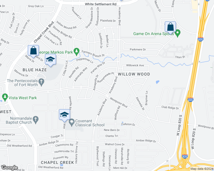 map of restaurants, bars, coffee shops, grocery stores, and more near 9909 Pilot Point Street in Fort Worth