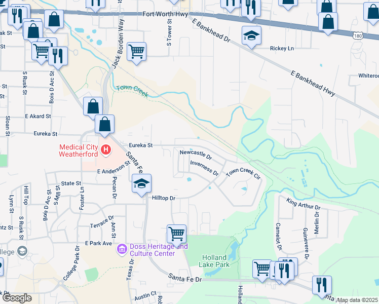 map of restaurants, bars, coffee shops, grocery stores, and more near 1004 Newcastle Drive in Weatherford