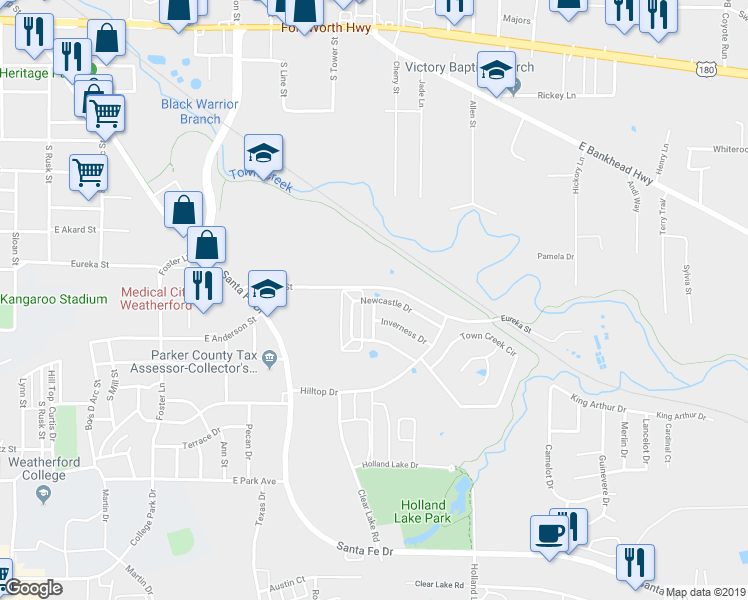map of restaurants, bars, coffee shops, grocery stores, and more near 1046 Newcastle Drive in Weatherford