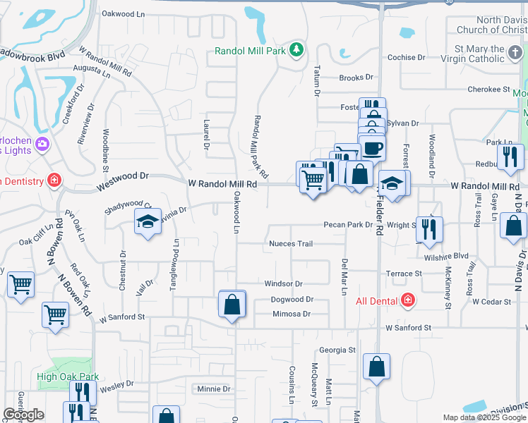 map of restaurants, bars, coffee shops, grocery stores, and more near 1007 Village Green Court in Arlington