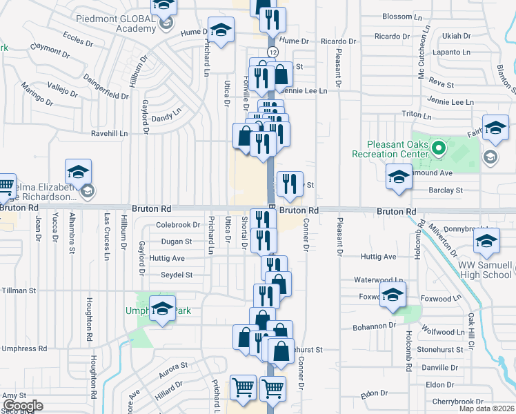 map of restaurants, bars, coffee shops, grocery stores, and more near 8089 Bruton Road in Dallas
