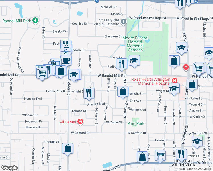 map of restaurants, bars, coffee shops, grocery stores, and more near 1017 Ridgewood Terrace in Arlington