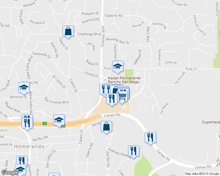 map of restaurants, bars, coffee shops, grocery stores, and more near 3855 Avocado Boulevard in La Mesa