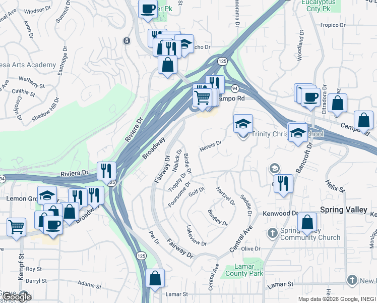map of restaurants, bars, coffee shops, grocery stores, and more near 3659 Birdie Dr in La Mesa