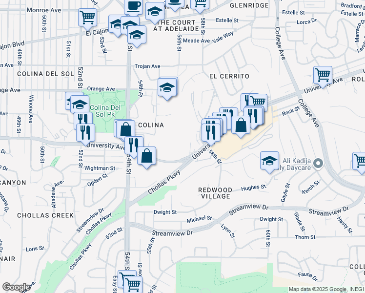 map of restaurants, bars, coffee shops, grocery stores, and more near 5602 University Ave in San Diego