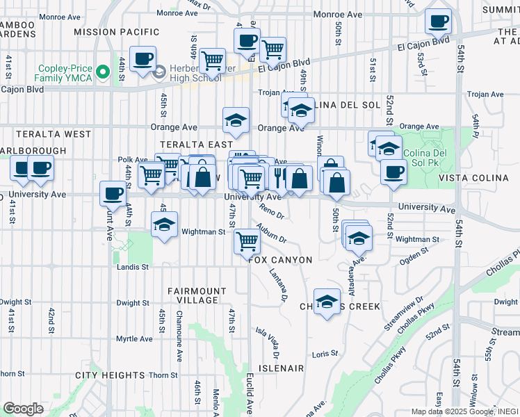 map of restaurants, bars, coffee shops, grocery stores, and more near 4771 University Avenue in San Diego
