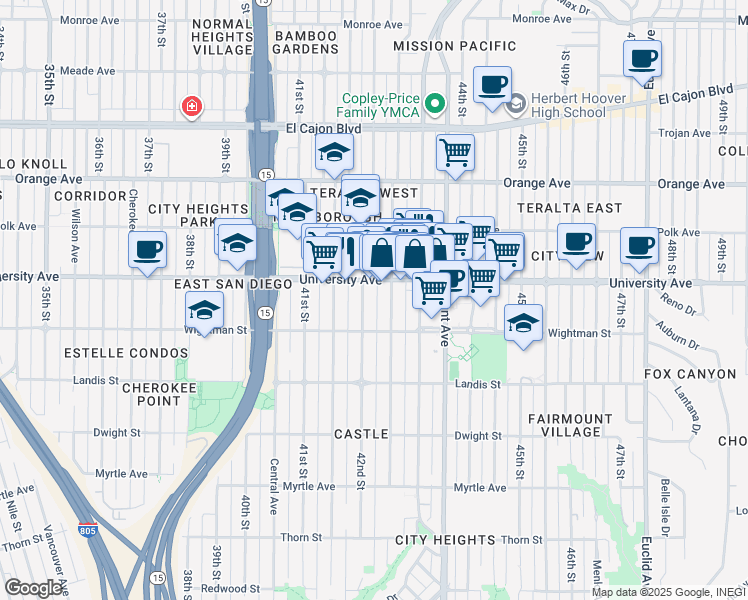 map of restaurants, bars, coffee shops, grocery stores, and more near 4241 University Avenue in San Diego