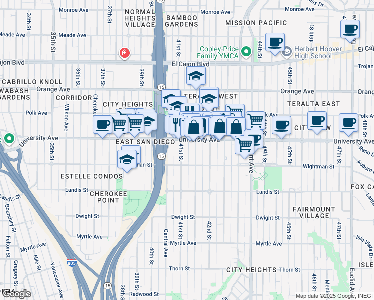 map of restaurants, bars, coffee shops, grocery stores, and more near 4144 University Avenue in San Diego