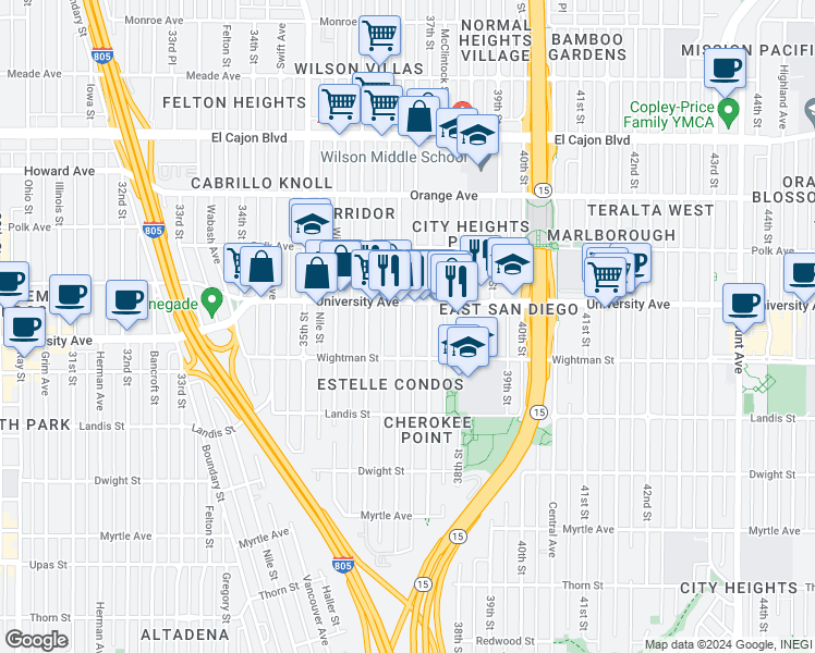 map of restaurants, bars, coffee shops, grocery stores, and more near 3661 University Avenue in San Diego