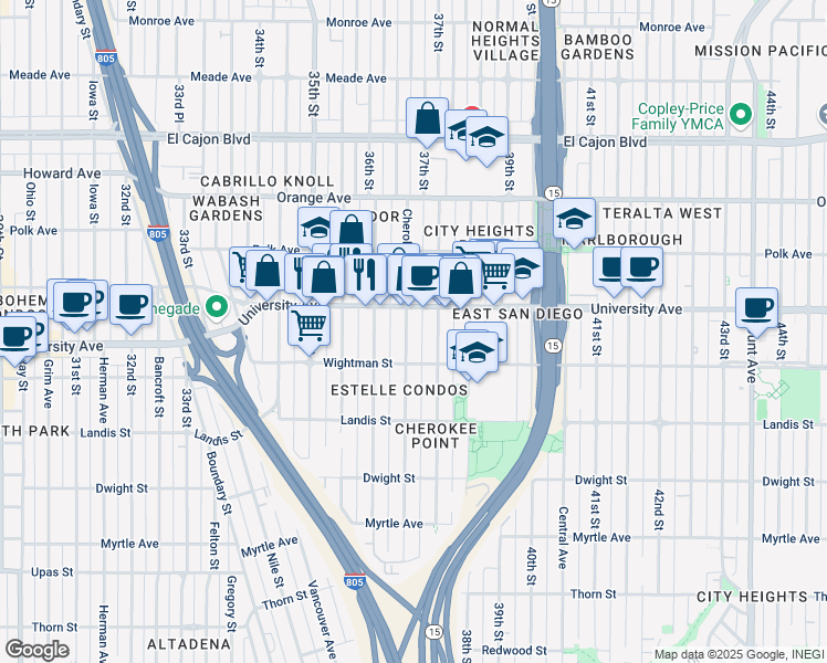 map of restaurants, bars, coffee shops, grocery stores, and more near 3661 University Avenue in San Diego