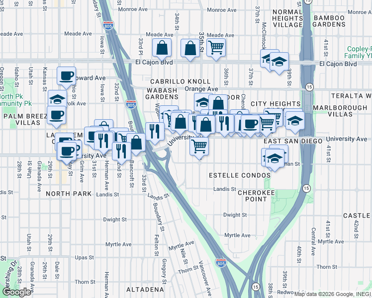map of restaurants, bars, coffee shops, grocery stores, and more near 3419 University Avenue in San Diego