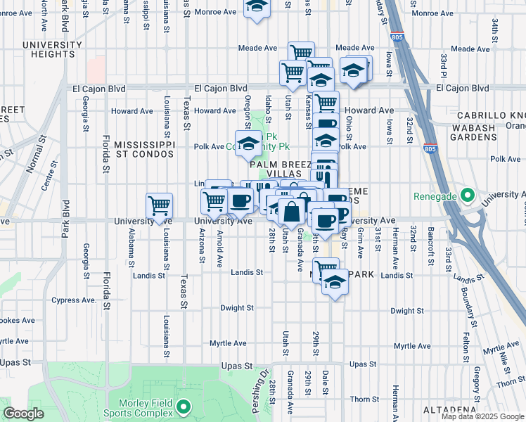 map of restaurants, bars, coffee shops, grocery stores, and more near 3951 Idaho Street in San Diego