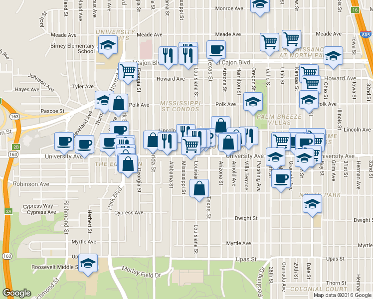 map of restaurants, bars, coffee shops, grocery stores, and more near 3948 1/2 Mississippi Street in San Diego