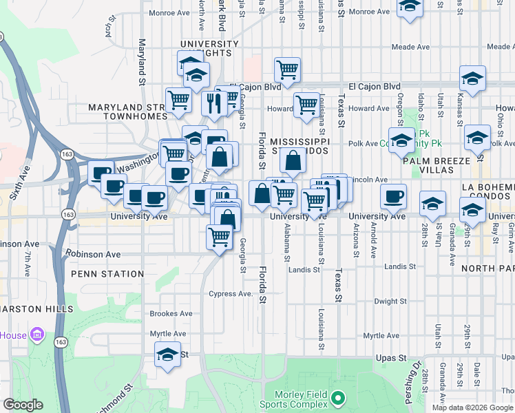 map of restaurants, bars, coffee shops, grocery stores, and more near 3948 Florida Street in San Diego