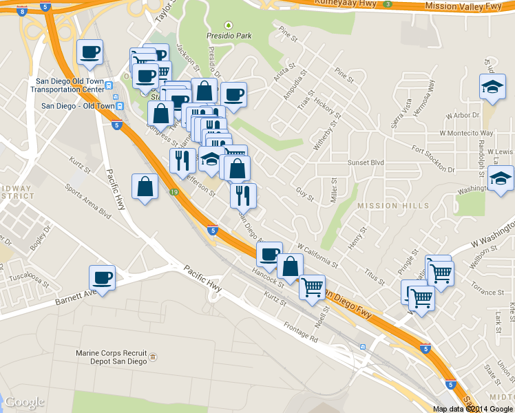 map of restaurants, bars, coffee shops, grocery stores, and more near 3965 Hortensia Street in San Diego