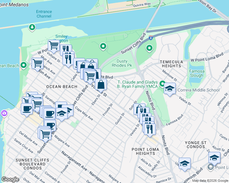 map of restaurants, bars, coffee shops, grocery stores, and more near 4665 Greene Street in San Diego