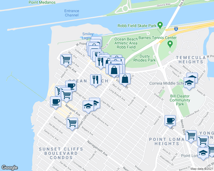 map of restaurants, bars, coffee shops, grocery stores, and more near 4839 Muir Avenue in San Diego