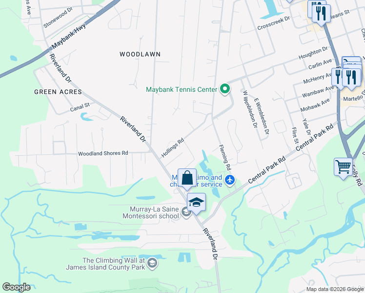 map of restaurants, bars, coffee shops, grocery stores, and more near 1933 Hollings Road in Charleston