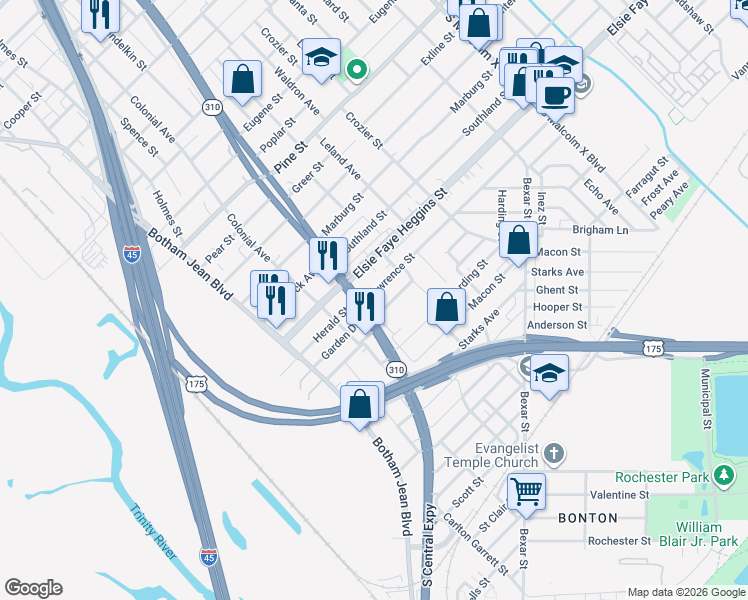 map of restaurants, bars, coffee shops, grocery stores, and more near 2202 Elsie Faye Heggins Street in Dallas