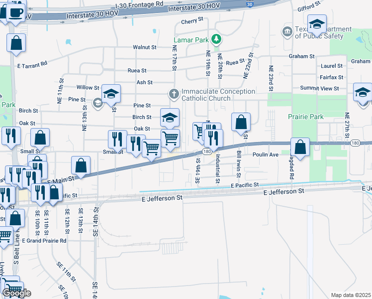 map of restaurants, bars, coffee shops, grocery stores, and more near 204 Skyline Circle in Grand Prairie