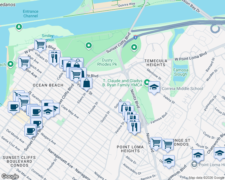 map of restaurants, bars, coffee shops, grocery stores, and more near 2319 Seaside Street in San Diego