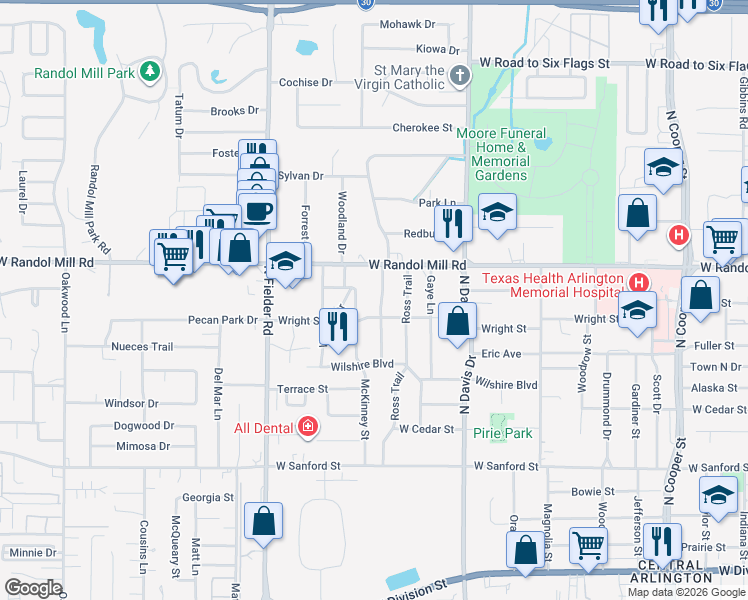 map of restaurants, bars, coffee shops, grocery stores, and more near 1017 Ridgewood Terrace in Arlington