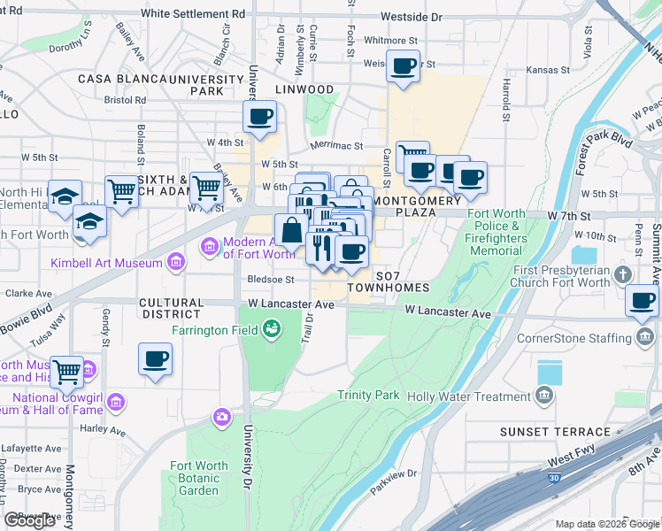 map of restaurants, bars, coffee shops, grocery stores, and more near 2822 Morton Street in Fort Worth