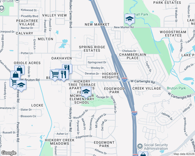 map of restaurants, bars, coffee shops, grocery stores, and more near 1406 Develon Drive in Mesquite
