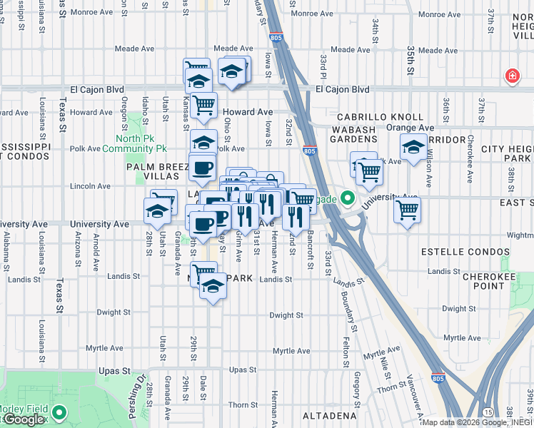 map of restaurants, bars, coffee shops, grocery stores, and more near 3918 Iowa Street in San Diego