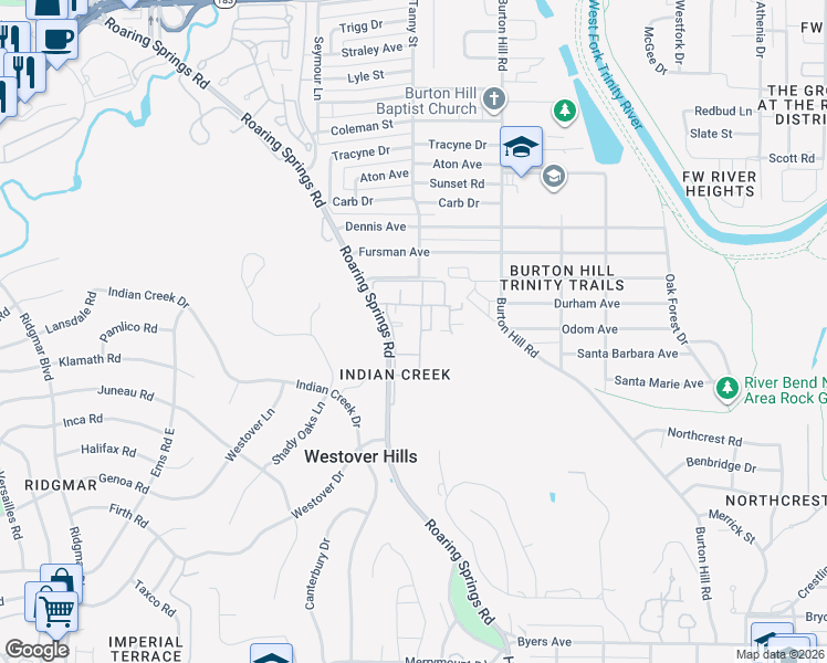 map of restaurants, bars, coffee shops, grocery stores, and more near 1197 Roaring Springs Road in Fort Worth