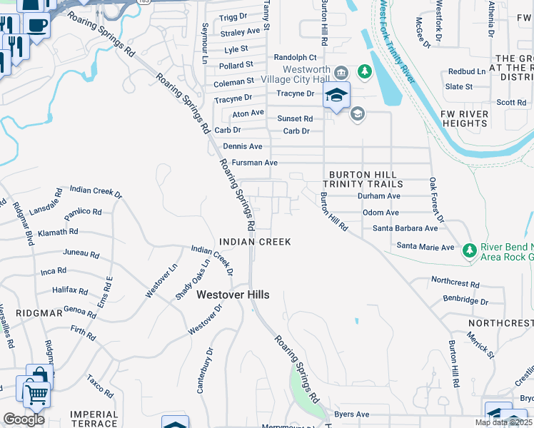 map of restaurants, bars, coffee shops, grocery stores, and more near 1197 Roaring Springs Road in Fort Worth