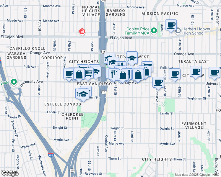 map of restaurants, bars, coffee shops, grocery stores, and more near 4055 University Avenue in San Diego