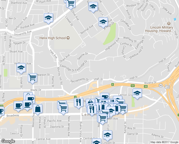 map of restaurants, bars, coffee shops, grocery stores, and more near 3910 Denver Drive in La Mesa