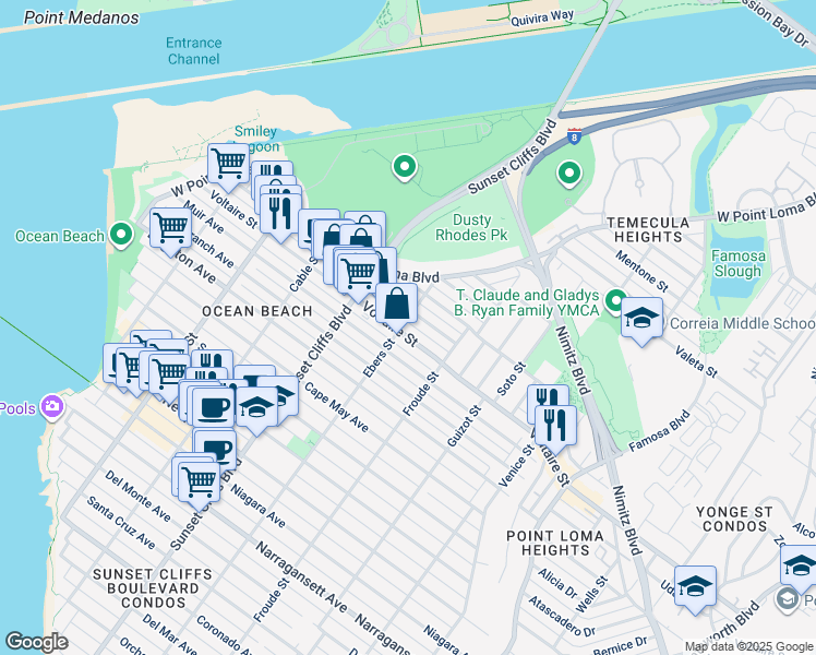 map of restaurants, bars, coffee shops, grocery stores, and more near 4719 Lotus Street in San Diego
