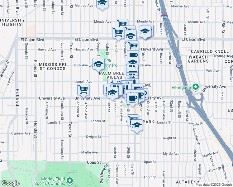 map of restaurants, bars, coffee shops, grocery stores, and more near Utah Street in San Diego