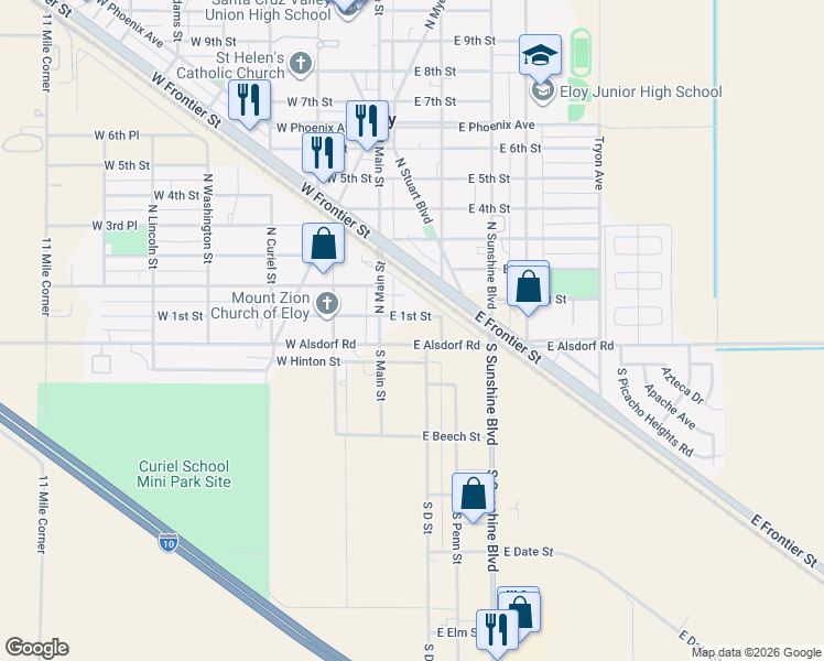 map of restaurants, bars, coffee shops, grocery stores, and more near 114 East 1st Street in Eloy