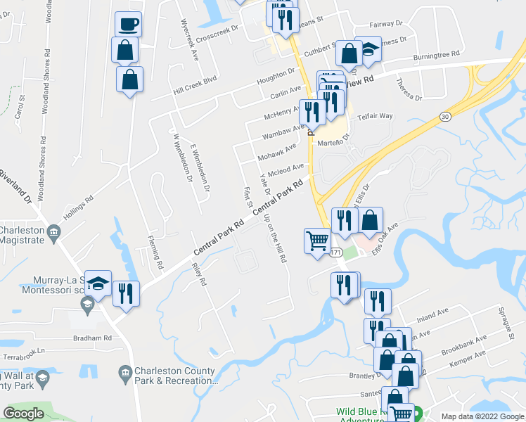 map of restaurants, bars, coffee shops, grocery stores, and more near 1756 Central Park Road in Charleston