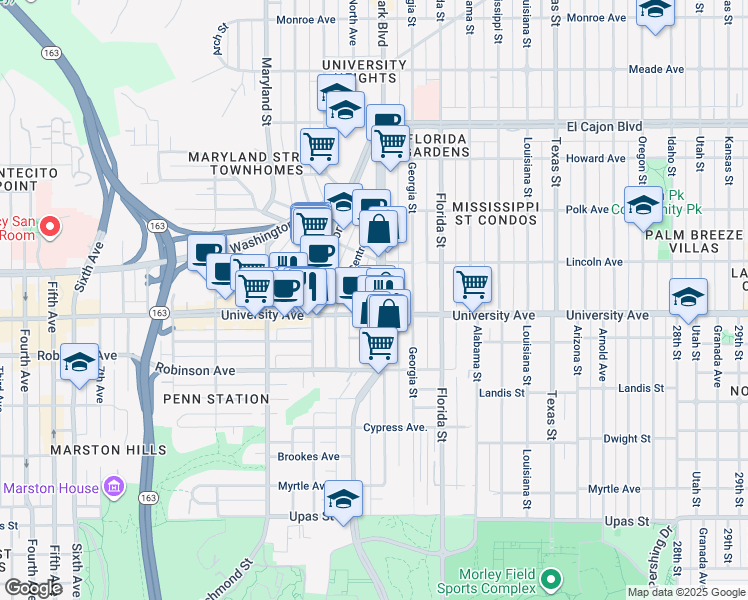 map of restaurants, bars, coffee shops, grocery stores, and more near 3922 Park Boulevard in San Diego