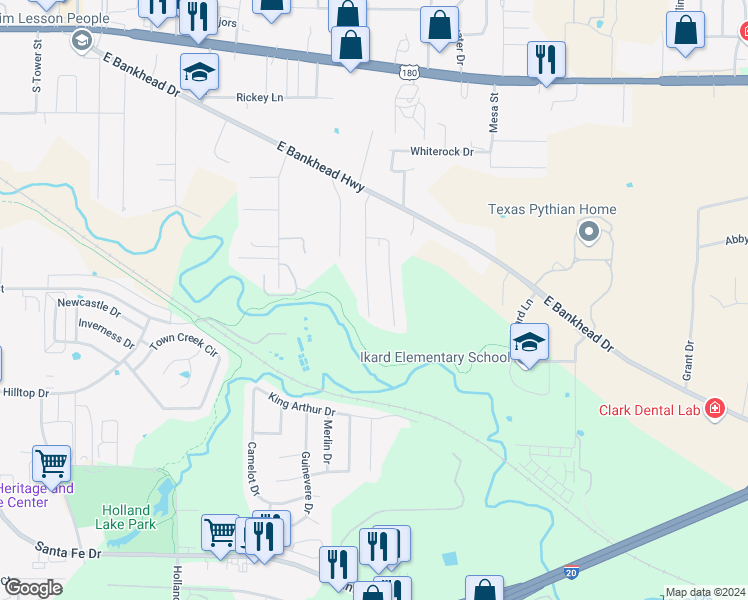 map of restaurants, bars, coffee shops, grocery stores, and more near 935 Terry Trail in Weatherford