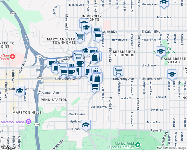 map of restaurants, bars, coffee shops, grocery stores, and more near 3922 Park Boulevard in San Diego