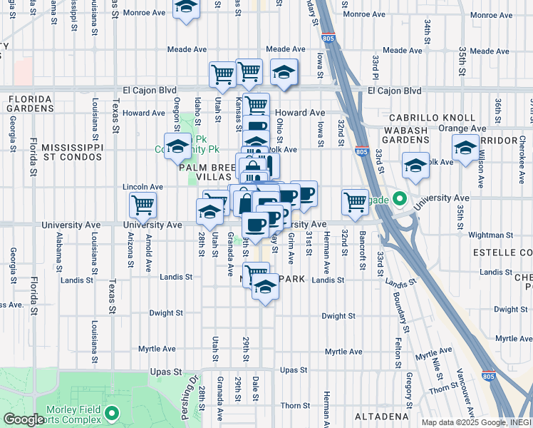 map of restaurants, bars, coffee shops, grocery stores, and more near 2922 University Avenue in San Diego
