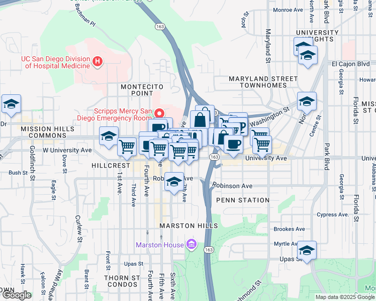 map of restaurants, bars, coffee shops, grocery stores, and more near in San Diego